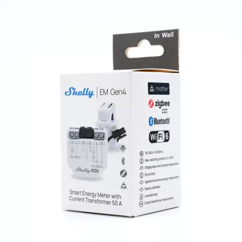 Shelly EM Gen4 – Single-phase, dual energy meter with 1x 50A current transformer and 2A contactor, Wi-Fi, Bluetooth, Zigbee, Matter (S4EM-002CXCEU)
