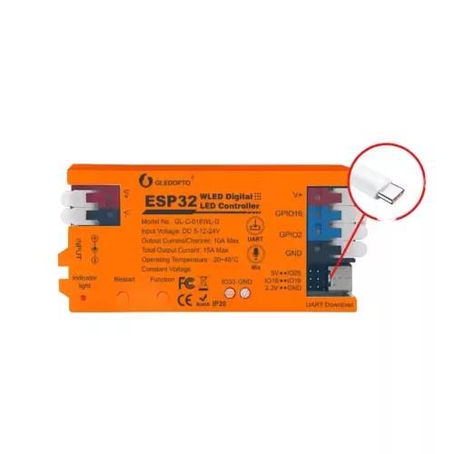 Gledopto GL-C-016WL-D WLED RGBIC light strip controller, with microphone and DIY mode (USB-C port)