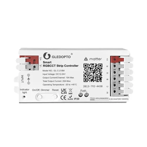 Gledopto Matter Smart LED Controller – 5-in-1 RGBCCT LED controller, 20A, Wi‑Fi, Matter (GL-C-218M)
