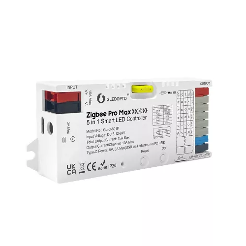 Gledopto Zigbee Pro Max –  5-in-1 LED controller, 15A, Zigbee, RF 2.4GHz (GL-C-601P)