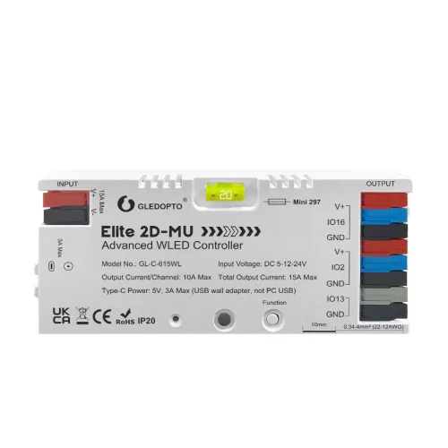 Gledopto Elite 2D-MU Advanced WLED Controller  – Two-channel RGBIC LED controller with microphone, USB‑C, ESP32, Wi‑Fi (GL-C-615WL)