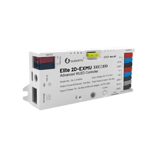 Gledopto Elite 2D-EXMU Advanced WLED Controller  – Two-channel RGBIC LED controller with microphone, USB‑C, ESP32, Wi‑Fi, Ethernet (GL-C-616WL)