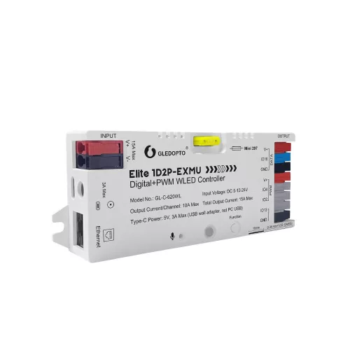 Gledopto Elite 1D2P-EXMU Digital + PWM WLED Controller – Four-channel RGBIC LED controller with microphone, USB‑C, ESP32, Wi‑Fi, Ethernet (GL-C-620WL)