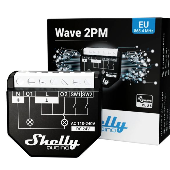 Shelly Qubino Wave 2PM Z-Wave smart switch, 2 channels 16 A total current (18 A peak), with power me
